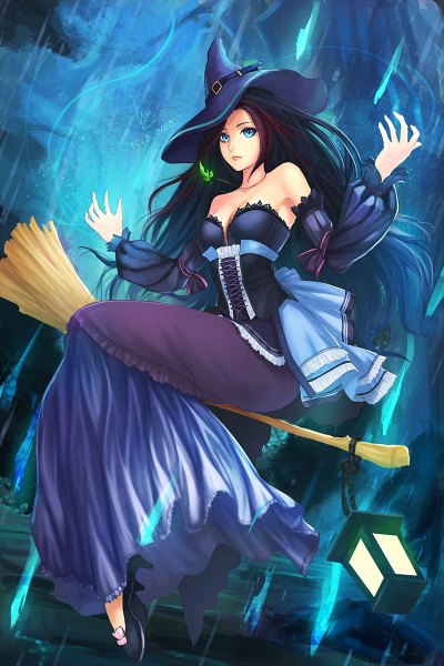Anime picture 800x1200 with original chaosringen single long hair tall image looking at viewer fringe blue eyes black hair sitting cleavage lips realistic no bra arms up lipstick magic glowing witch broom riding