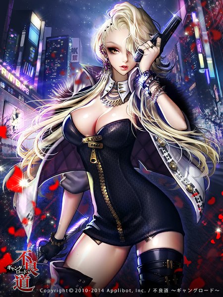 Anime picture 700x933 with furyou michi ~gang road~ dadachyo single long hair tall image fringe breasts light erotic blonde hair brown eyes hair over one eye open clothes open jacket copyright name girl dress weapon petals jacket gun