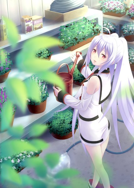 Anime picture 714x1000 with plastic memories isla (plastic memories) koko (koko3) single long hair tall image blush fringe hair between eyes red eyes standing twintails bare shoulders holding payot looking away silver hair ahoge parted lips head tilt