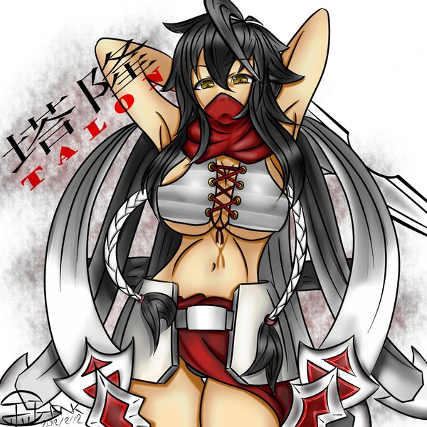 Anime picture 2362x2362 with league of legends talon (league of legends) single long hair looking at viewer highres breasts light erotic black hair large breasts white background yellow eyes braid (braids) midriff genderswap girl navel scarf