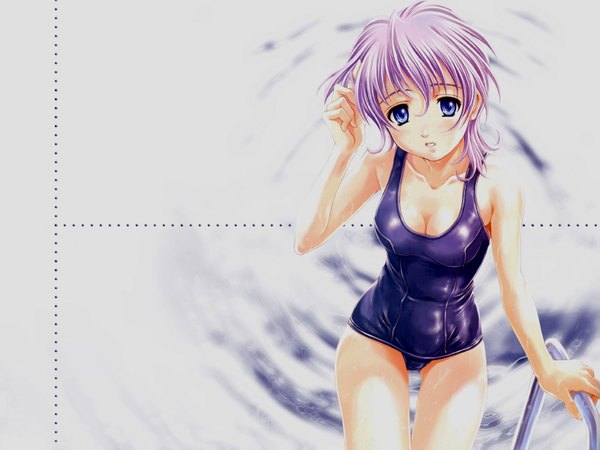 Anime picture 1600x1200 with sakura taisen leni milchstrasse maruto blush highres short hair breasts blue eyes light erotic pink hair wet wallpaper swimsuit water one-piece swimsuit school swimsuit pool sakura taisen ii