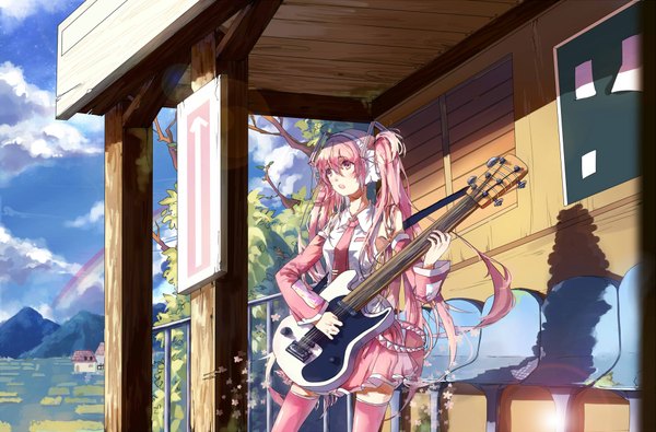 Anime picture 2000x1318 with vocaloid hatsune miku sakura miku tayen single long hair blush highres open mouth twintails pink hair sky cloud (clouds) pink eyes girl thighhighs skirt detached sleeves musical instrument guitar