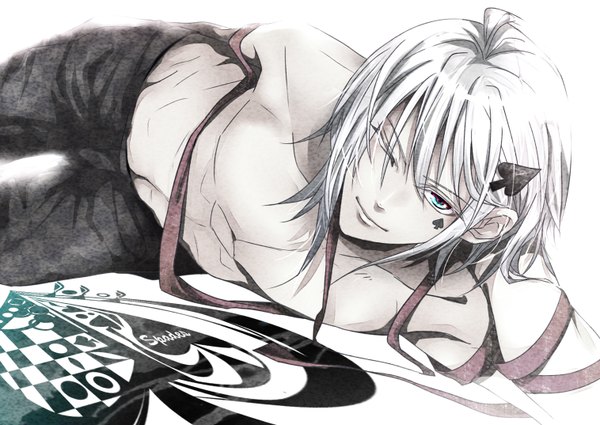 Anime picture 1516x1074 with amnesia idea factory ikki (amnesia) single short hair blue eyes white background white hair lying one eye closed wink boy ribbon (ribbons) pants