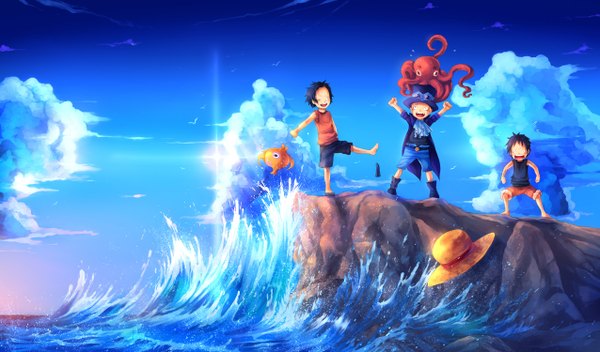 Anime picture 2550x1500 with one piece toei animation monkey d. luffy portgas d. ace sabo (one piece) uchuubranko fringe highres short hair open mouth black hair wide image sky cloud (clouds) barefoot happy hat animal water shorts