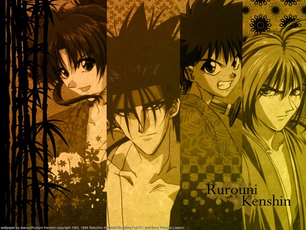 Anime picture 1280x960 with rurouni kenshin himura kenshin kamiya kaoru sanosuke sagara myoujin yahiko kenshing