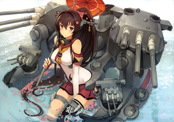 Anime picture 4098x2878 with kantai collection yamato super battleship shizuma yoshinori single long hair highres brown hair bare shoulders brown eyes absurdres ponytail hair flower scan official art girl hair ornament flower (flowers) weapon detached sleeves petals