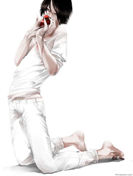 Anime picture 960x1261 with original re (artist) single tall image looking at viewer short hair simple background brown hair white background holding barefoot grey eyes kneeling vein (veins) boy blood pants heart (organ)