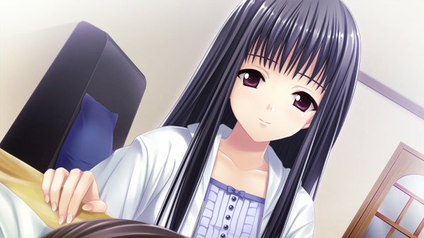 Anime picture 1280x720 with morobito kozorite (game) single long hair black hair wide image brown eyes game cg girl