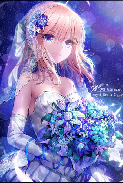 Anime picture 790x1167 with fate (series) fate/stay night type-moon artoria pendragon (all) saber hisahisahisahisa single long hair tall image looking at viewer blue eyes blonde hair bare shoulders sky ahoge braid (braids) hair flower inscription character names girl