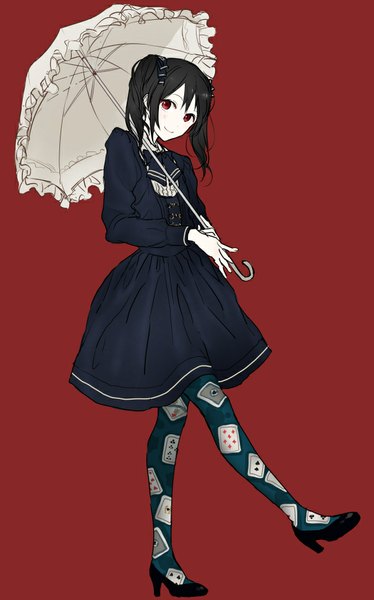 Anime picture 605x970 with love live! school idol project sunrise (studio) love live! yazawa nico urahara single long hair tall image looking at viewer black hair simple background smile red eyes twintails from below red background walking lolita fashion girl dress