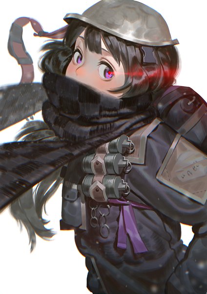 Anime picture 707x1000 with original karasu-san (syh3iua83) single long hair tall image blush fringe black hair simple background standing white background purple eyes looking away upper body long sleeves covered mouth glow checkered scarf girl weapon