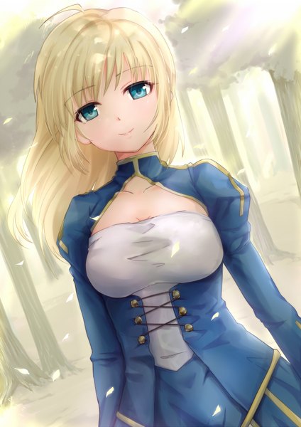 Anime picture 1240x1753 with fate (series) fate/stay night studio deen type-moon artoria pendragon (all) saber single long hair tall image looking at viewer blue eyes blonde hair smile girl dress petals