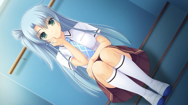 Anime picture 1280x720 with saimin enbu katsura kaguya sayori single long hair blue eyes wide image sitting blue hair game cg girl skirt uniform school uniform shirt socks necktie white socks