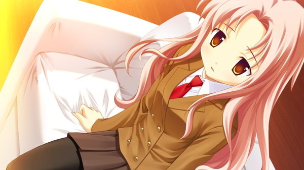Anime picture 1600x900 with volume7 rococoworks fue (tsuzuku) single long hair wide image sitting brown eyes pink hair from above girl uniform school uniform couch
