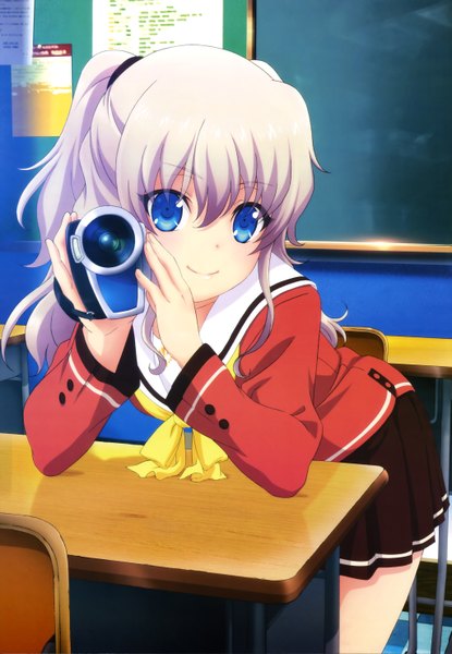 Anime picture 4093x5910 with charlotte p.a. works nyantype tomori nao single long hair tall image looking at viewer highres blue eyes smile absurdres white hair official art girl uniform school uniform desk