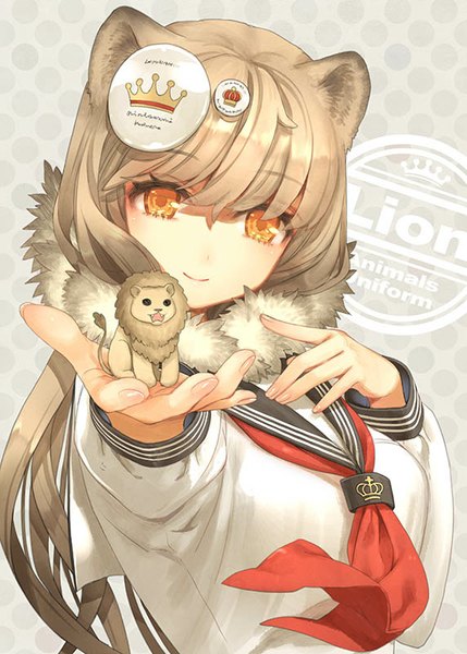Anime picture 572x800 with original kawaku single long hair tall image looking at viewer fringe blonde hair smile holding animal ears yellow eyes teeth fang (fangs) text outstretched arm polka dot girl uniform animal