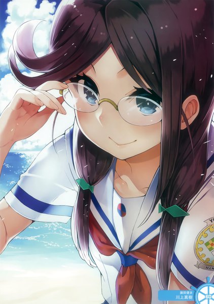 Anime picture 2700x3840 with high school fleet fujita yui kawakami masaki single long hair tall image looking at viewer blush highres blue eyes smile purple hair cloud (clouds) scan official art girl glasses sailor suit