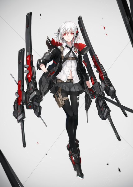 Anime picture 1100x1540 with original yucca-612 (neco) single tall image looking at viewer fringe short hair breasts open mouth hair between eyes red eyes holding full body white hair pleated skirt multicolored hair grey background open jacket two-tone hair partially open clothes