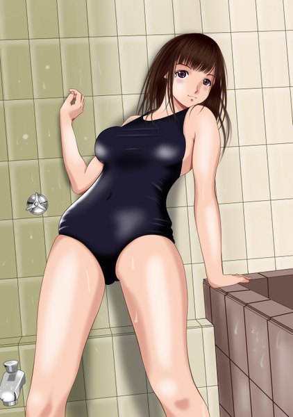 Anime picture 2079x2953 with love plus anegasaki nene zakuro0508 single long hair tall image highres light erotic brown hair black eyes girl swimsuit bathroom