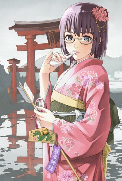 Anime picture 675x1000 with original tantaka tall image looking at viewer blush short hair blue eyes purple hair traditional clothes japanese clothes hair flower reflection new year lake 2012 girl hair ornament flower (flowers) water glasses