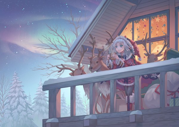 Anime picture 2976x2122 with original shou shizuku (deme) single long hair blush fringe highres standing holding looking away sky bent knee (knees) outdoors white hair head tilt aqua eyes alternate costume fur trim christmas snow