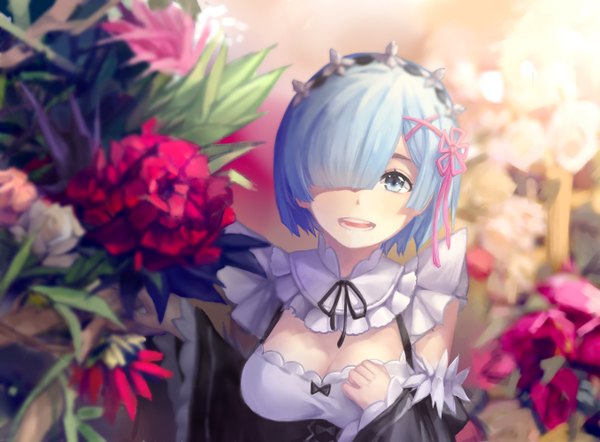 Anime picture 1356x1000 with re:zero kara hajimeru isekai seikatsu white fox rem (re:zero) single looking at viewer fringe short hair open mouth blue eyes blue hair hair over one eye maid girl dress uniform flower (flowers) detached sleeves headdress maid headdress