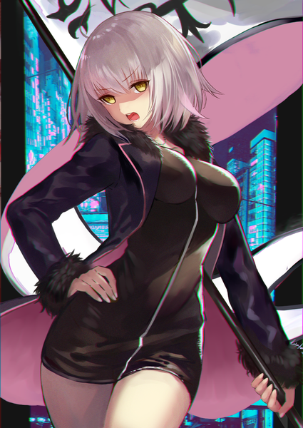 Anime picture 1000x1412 with fate (series) fate/grand order fate/apocrypha jeanne d'arc (fate) (all) jeanne d'arc alter (fate) terai (teraimorimori) single tall image looking at viewer fringe short hair breasts open mouth hair between eyes yellow eyes silver hair fur trim hand on hip shaded face wicked dragon witch ver. shinjuku 1999