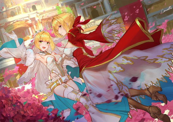 Anime picture 1800x1273 with fate (series) fate/grand order fate/stay night fate/extra fate/extra ccc nero claudius (fate) (all) nero claudius (fate) nero claudius (bride) (fate) cancer (zjcconan) looking at viewer highres short hair breasts open mouth light erotic blonde hair smile multiple girls signed payot