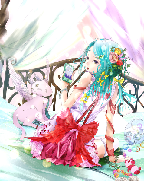 Anime picture 2148x2709 with original sputnik films long hair tall image highres open mouth purple eyes bare shoulders blue hair looking back hair flower lips sparkle sleeveless lipstick makeup star print girl dress hair ornament