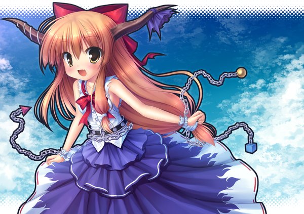 Anime picture 1700x1200 with touhou ibuki suika takeponi single long hair blush open mouth brown hair yellow eyes horn (horns) teeth fang (fangs) girl dress bow hair bow chain