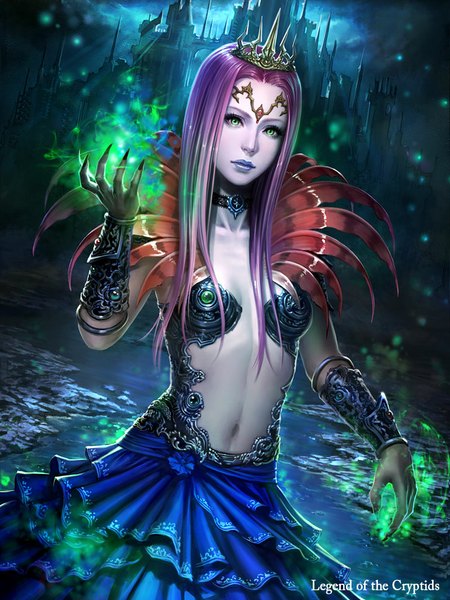 Anime picture 800x1067 with legend of the cryptids lie-on single long hair tall image looking at viewer fringe breasts green eyes sky purple hair cloud (clouds) head tilt arm up fingernails lips magic long fingernails center opening girl