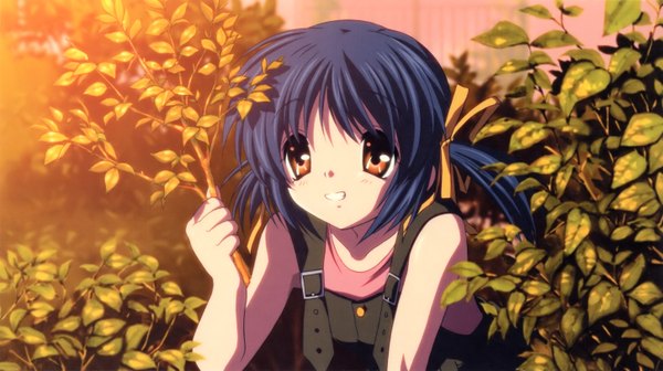 Anime picture 2900x1628 with clannad key (studio) sunohara mei highres wide image blue hair ribbon (ribbons) bushes