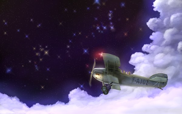 Anime picture 1680x1050 with vol de nuit fabien (vol de nuit) potez 25 fokker wide image sky cloud (clouds) night pilot star (stars) aircraft airplane biplane