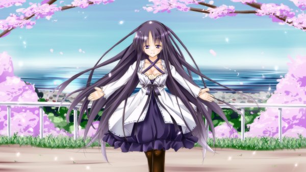 Anime picture 1280x720 with original argenteumastrum single long hair blue eyes black hair wide image cherry blossoms spread arms girl dress petals