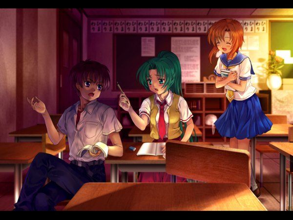 Anime picture 1280x960 with higurashi no naku koro ni studio deen ryuuguu rena sonozaki mion maebara keiichi mutsuki (moonknives) fringe short hair open mouth smile brown hair purple eyes multiple girls holding green eyes ponytail indoors eyes closed pleated skirt green hair