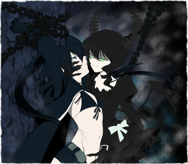 Anime picture 1156x1011 with black rock shooter black rock shooter (character) dead master long hair highres blue eyes black hair twintails multiple girls green eyes horn (horns) dark background shoujo ai girl navel bow 2 girls wings chain bikini top