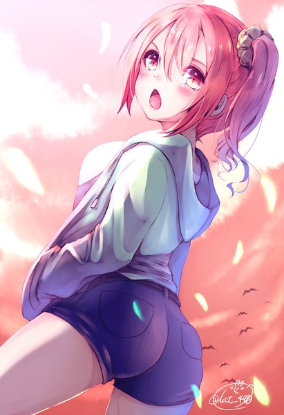 Anime picture 1371x2000 with original chita (ketchup) single tall image blush fringe short hair breasts open mouth light erotic hair between eyes red eyes standing holding signed payot pink hair sky cloud (clouds) upper body