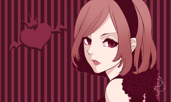 Anime picture 2000x1200 with vocaloid meiko tagme (artist) single looking at viewer highres short hair red eyes brown hair wide image looking back striped background girl dress heart hairband