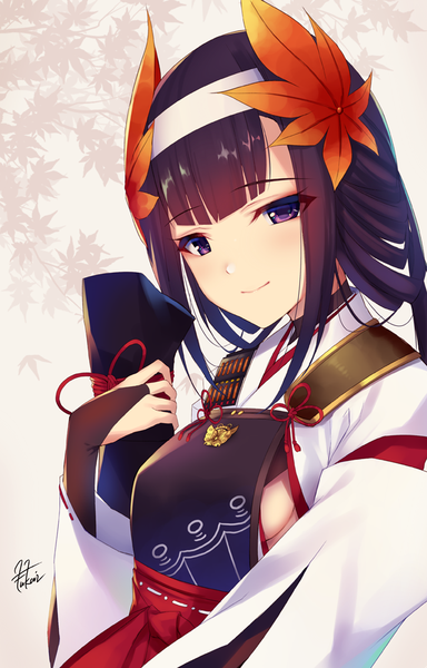 Anime picture 640x1000 with original fukai ryosuke single long hair tall image looking at viewer fringe light erotic black hair smile purple eyes signed traditional clothes girl hair ornament leaf (leaves) maple leaf