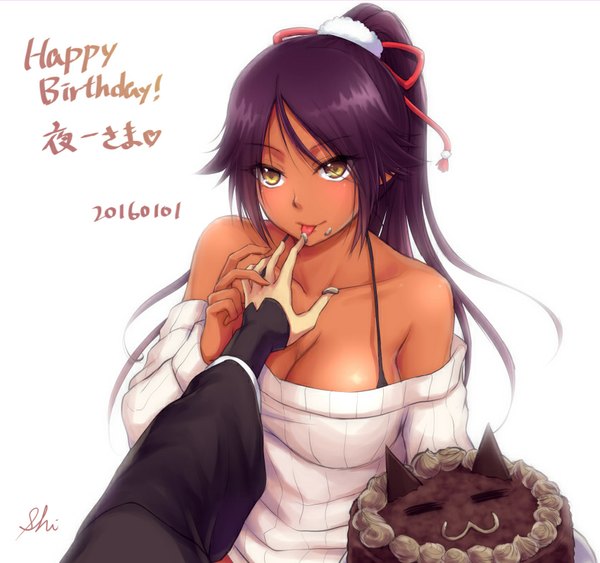 Anime picture 852x800 with bleach studio pierrot shihouin yoruichi soifon shizuhime long hair breasts light erotic simple background white background bare shoulders yellow eyes purple hair ponytail inscription finger to mouth dated solo focus happy birthday girl