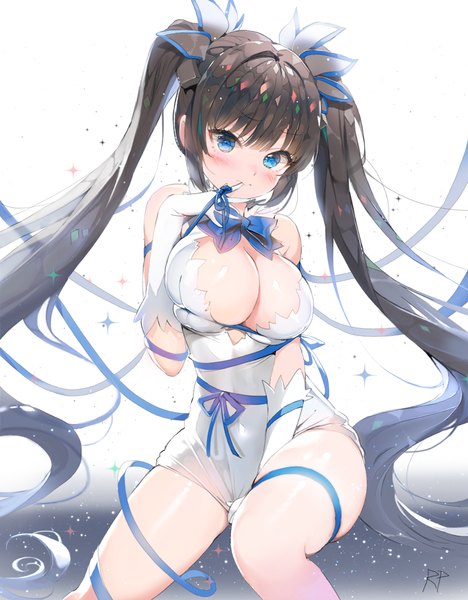 Anime picture 800x1026 with dungeon ni deai wo motomeru no wa machigatteiru darou ka j.c. staff hestia (danmachi) repi987 single tall image looking at viewer blush fringe breasts blue eyes light erotic black hair large breasts sitting twintails bare shoulders signed cleavage very long hair