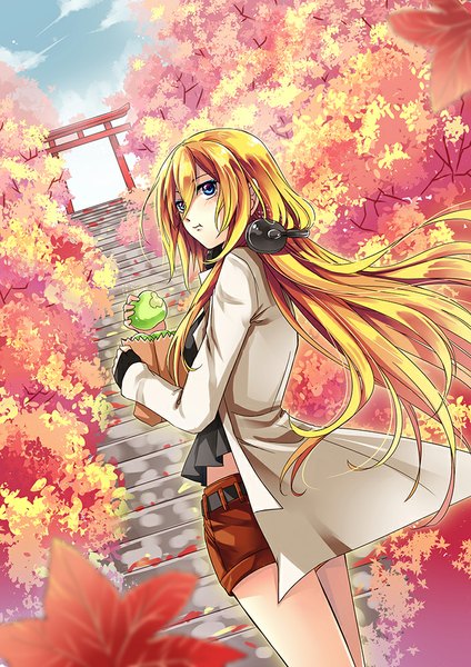 Anime picture 707x1000 with vocaloid lily (vocaloid) aw.h single long hair tall image blue eyes blonde hair standing holding sky very long hair looking back wind open clothes open jacket eating autumn girl plant (plants)