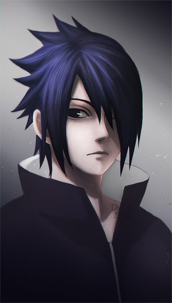 Anime picture 510x900 with naruto studio pierrot naruto (series) uchiha sasuke delila2110 single tall image fringe short hair blue hair looking away upper body black eyes hair over one eye grey background portrait boy