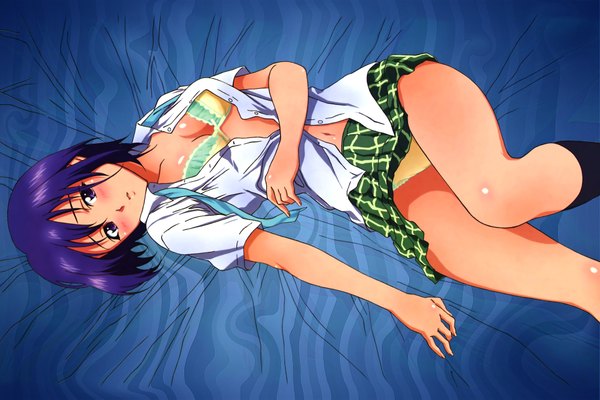 Anime picture 1920x1280 with toloveru toloveru darkness xebec sairenji haruna single looking at viewer blush highres short hair breasts open mouth light erotic purple eyes purple hair open clothes on back open shirt girl skirt navel