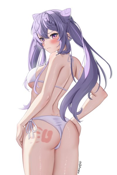 Anime picture 3000x4500 with genshin impact keqing (genshin impact) dokimaru single long hair tall image looking at viewer blush fringe highres breasts light erotic simple background hair between eyes standing white background purple eyes signed purple hair ass