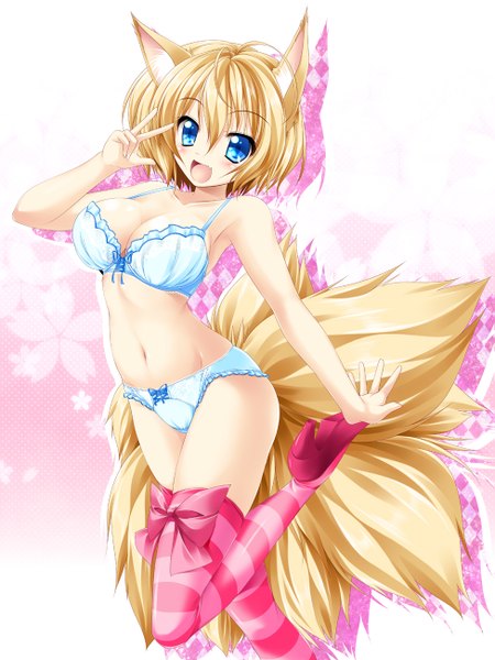 Anime picture 975x1300 with original kamiya tomoe single tall image looking at viewer blush short hair open mouth blue eyes light erotic blonde hair midriff underwear only girl thighhighs navel underwear panties lingerie bra