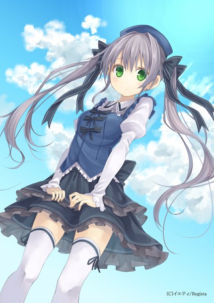 Anime picture 800x1130 with root double kotono yuuri gurasion (gurasion) single long hair tall image looking at viewer twintails green eyes sky cloud (clouds) grey hair girl thighhighs dress bow hair bow white thighhighs