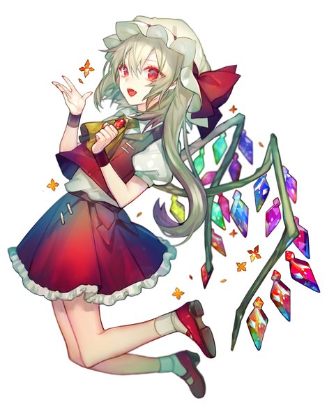 Anime picture 1500x1918 with touhou flandre scarlet loalo single long hair tall image fringe open mouth simple background blonde hair hair between eyes red eyes white background looking away full body bent knee (knees) nail polish :d short sleeves puffy sleeves