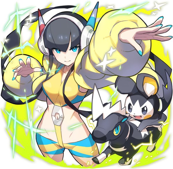 Anime picture 1025x1000 with pokemon pokemon black and white nintendo elesa (pokemon) emolga blitzle saitou naoki single looking at viewer fringe blue eyes black hair standing very long hair nail polish from above bare belly midriff outstretched arm electricity