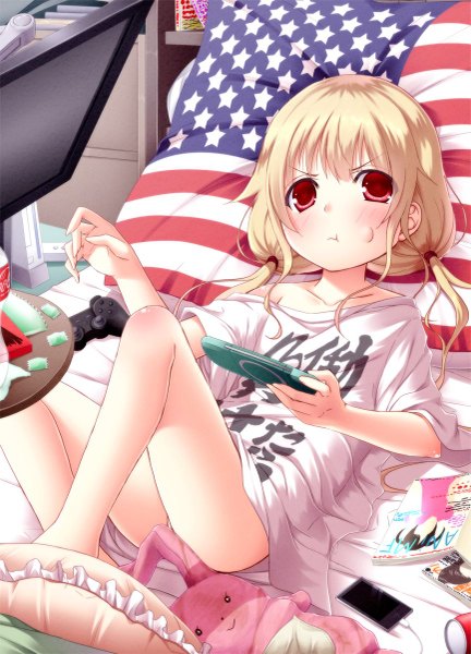 Anime picture 865x1200 with idolmaster idolmaster cinderella girls futaba anzu kago no tori single long hair tall image blush light erotic blonde hair red eyes twintails bare shoulders bent knee (knees) lying low twintails flag print girl food sweets